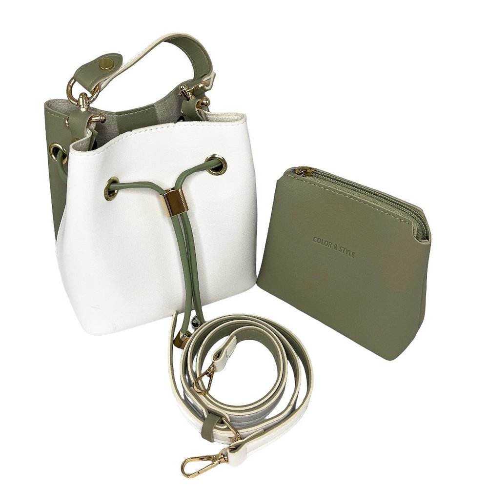 White and Green Satchel Bucket Bag